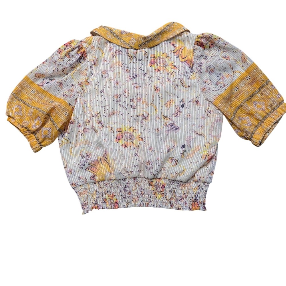 Rachel Zoe Floral Metallic Stripe Smocked Puff Sleeve Blouse Yellow Purple S - Picture 2 of 6